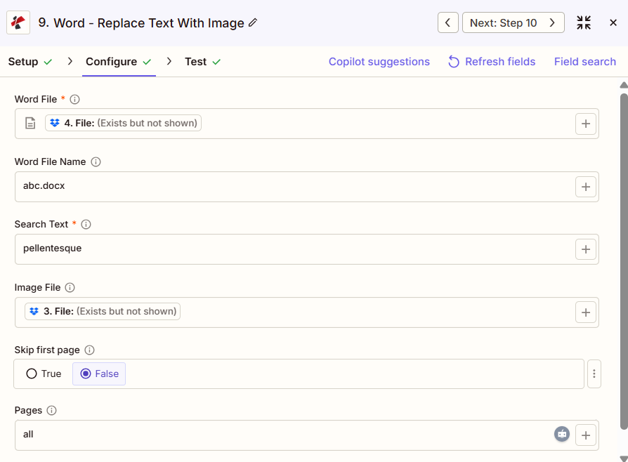 Cliquez pour agrandir L'action « Remplacer le texte par une image » de Zapier Word est configurée avec le fichier Word « abc.docx » (correspondant à l'étape précédente), le texte de recherche « pellentesque », l'image « Ignorer la première page » (correspondant à l'étape précédente), l'option « Ignorer la première page » désactivée et le nombre de pages sélectionné : toutes.